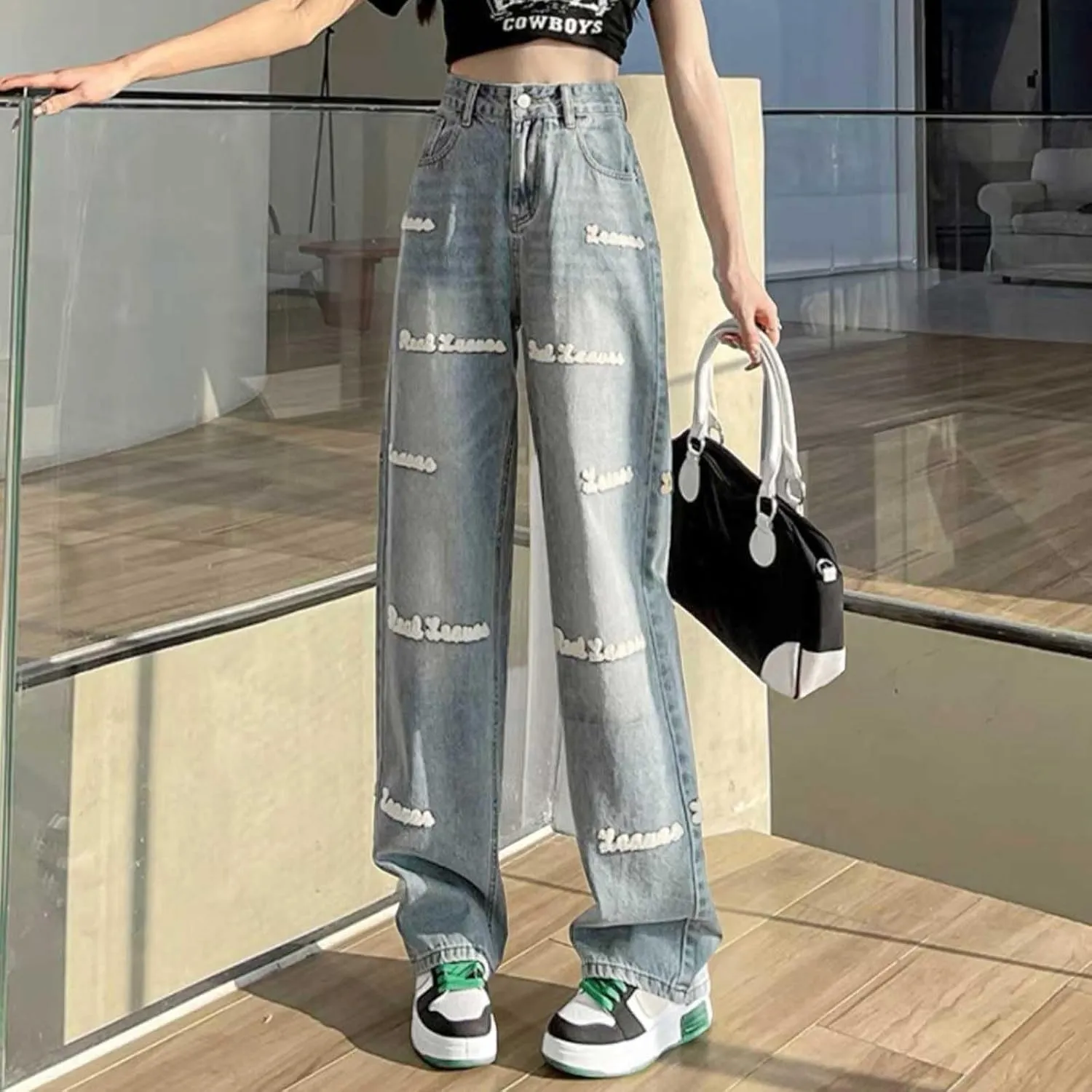 Y2K Jeans for Women Baggy Boyfried Jeans Loose Wide Leg Jeans High Waist Hip Hop Pants Casual Trousers Goth Trousers