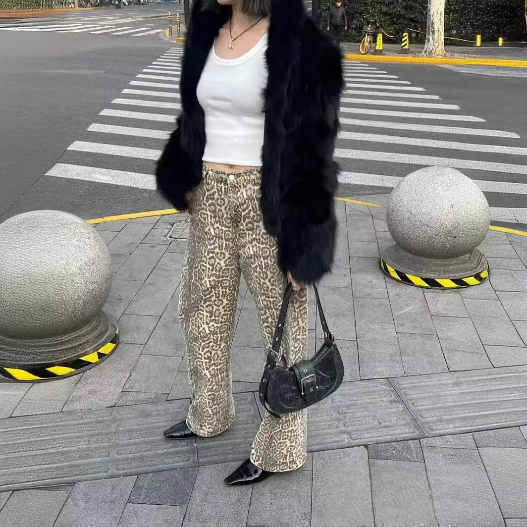 YELLOOP Leopard Print Jeans Y2k Jeans Leopard Jeans Grunge Y2k Pants Womens Baggy Jeans 2000s Leopard Pants
