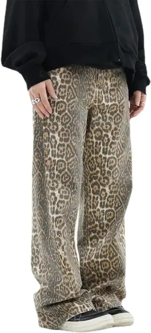 YELLOOP Leopard Print Jeans Y2k Jeans Leopard Jeans Grunge Y2k Pants Womens Baggy Jeans 2000s Leopard Pants