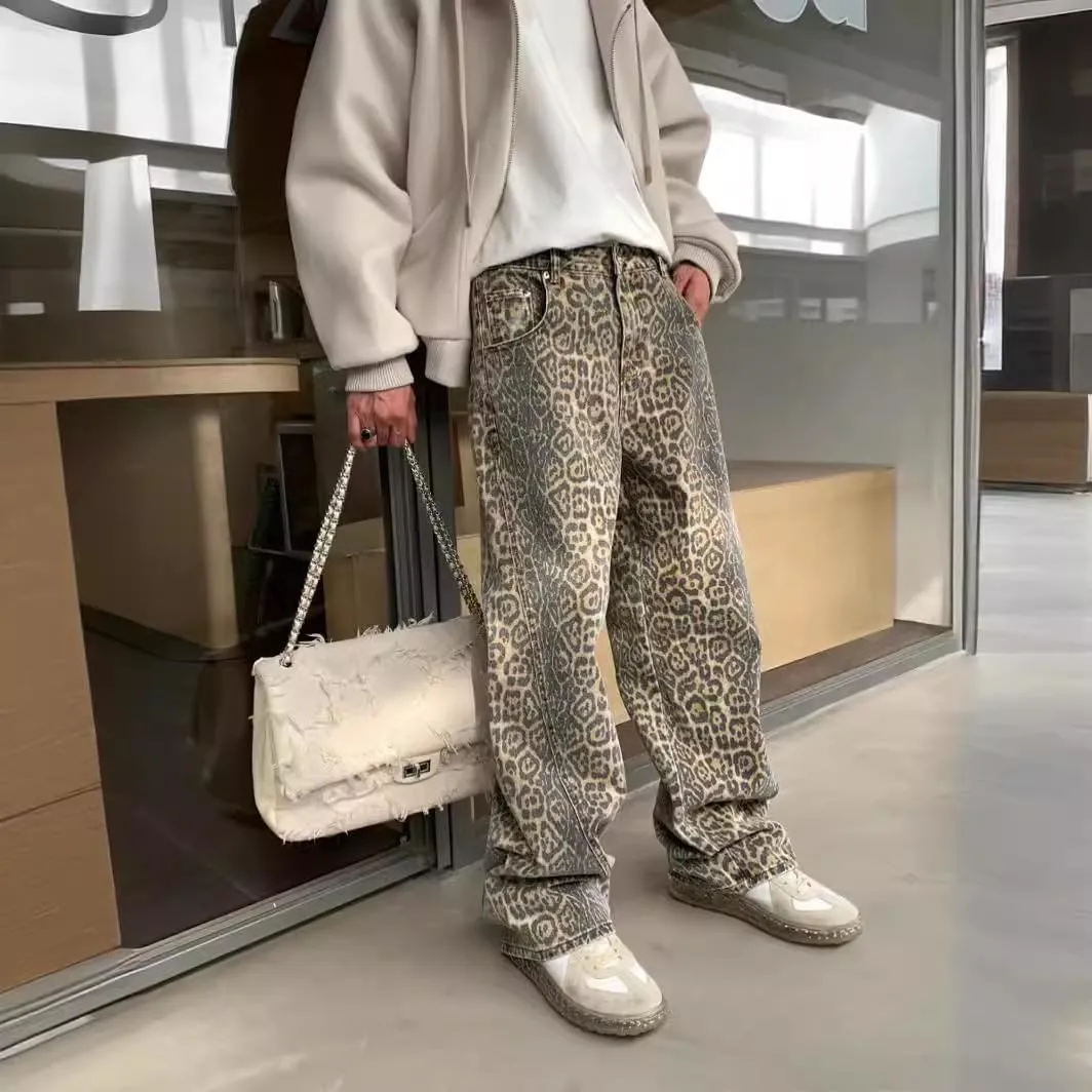 YELLOOP Leopard Print Jeans Y2k Jeans Leopard Jeans Grunge Y2k Pants Womens Baggy Jeans 2000s Leopard Pants
