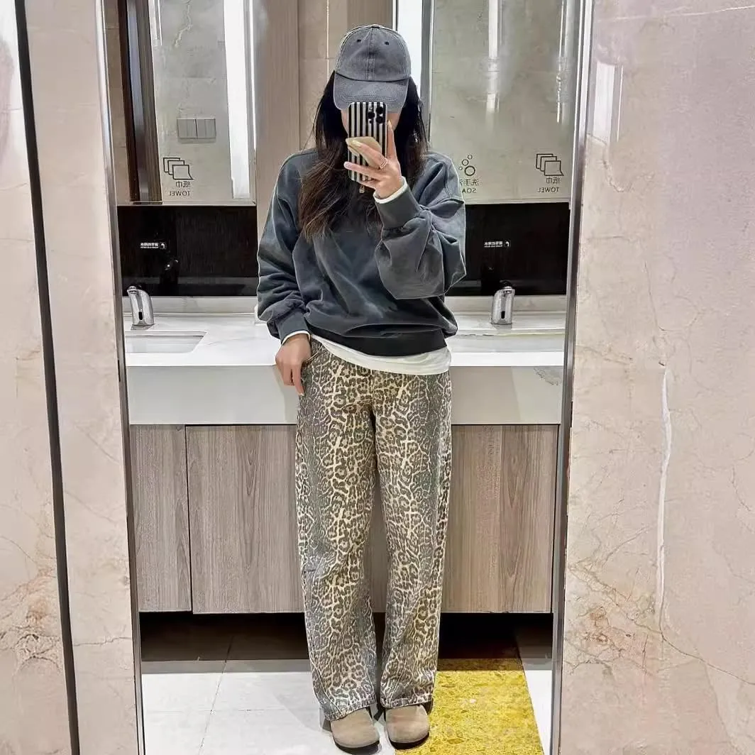 YELLOOP Leopard Print Jeans Y2k Jeans Leopard Jeans Grunge Y2k Pants Womens Baggy Jeans 2000s Leopard Pants