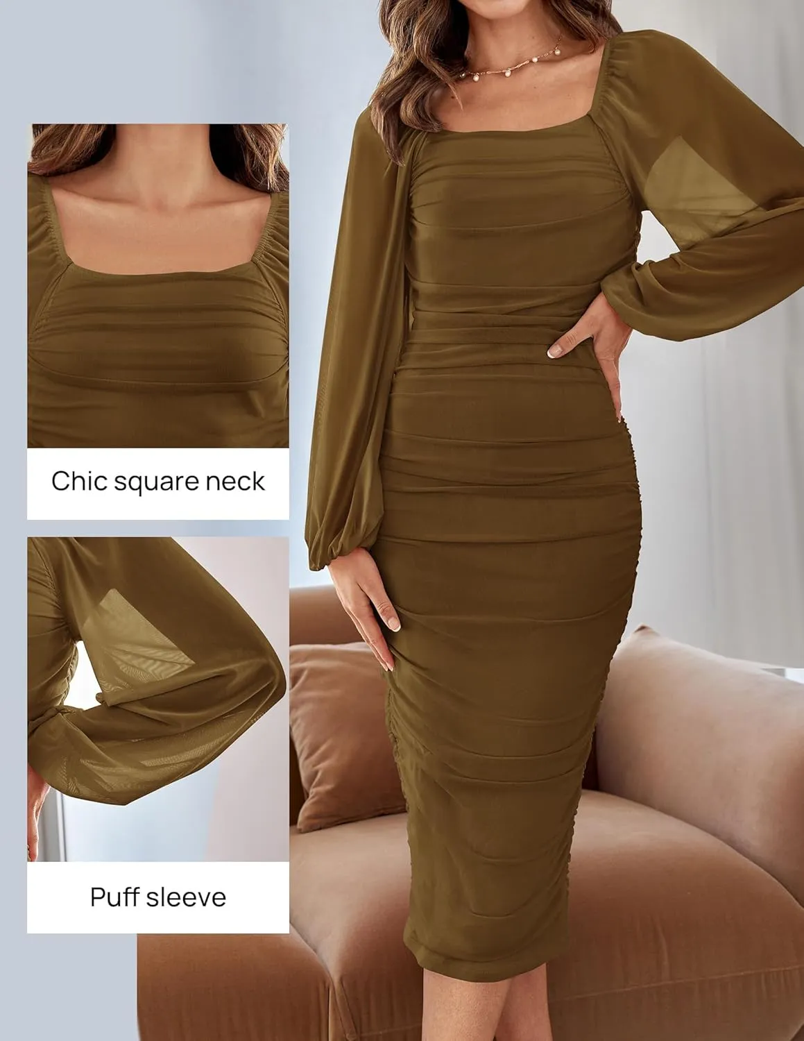 ZESICA Women's Sexy Ruched Bodycon Midi Dress Long Puff Sleeve Square Neck Backless Cocktail Party Wedding Dresses