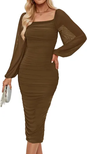ZESICA Women's Sexy Ruched Bodycon Midi Dress Long Puff Sleeve Square Neck Backless Cocktail Party Wedding Dresses
