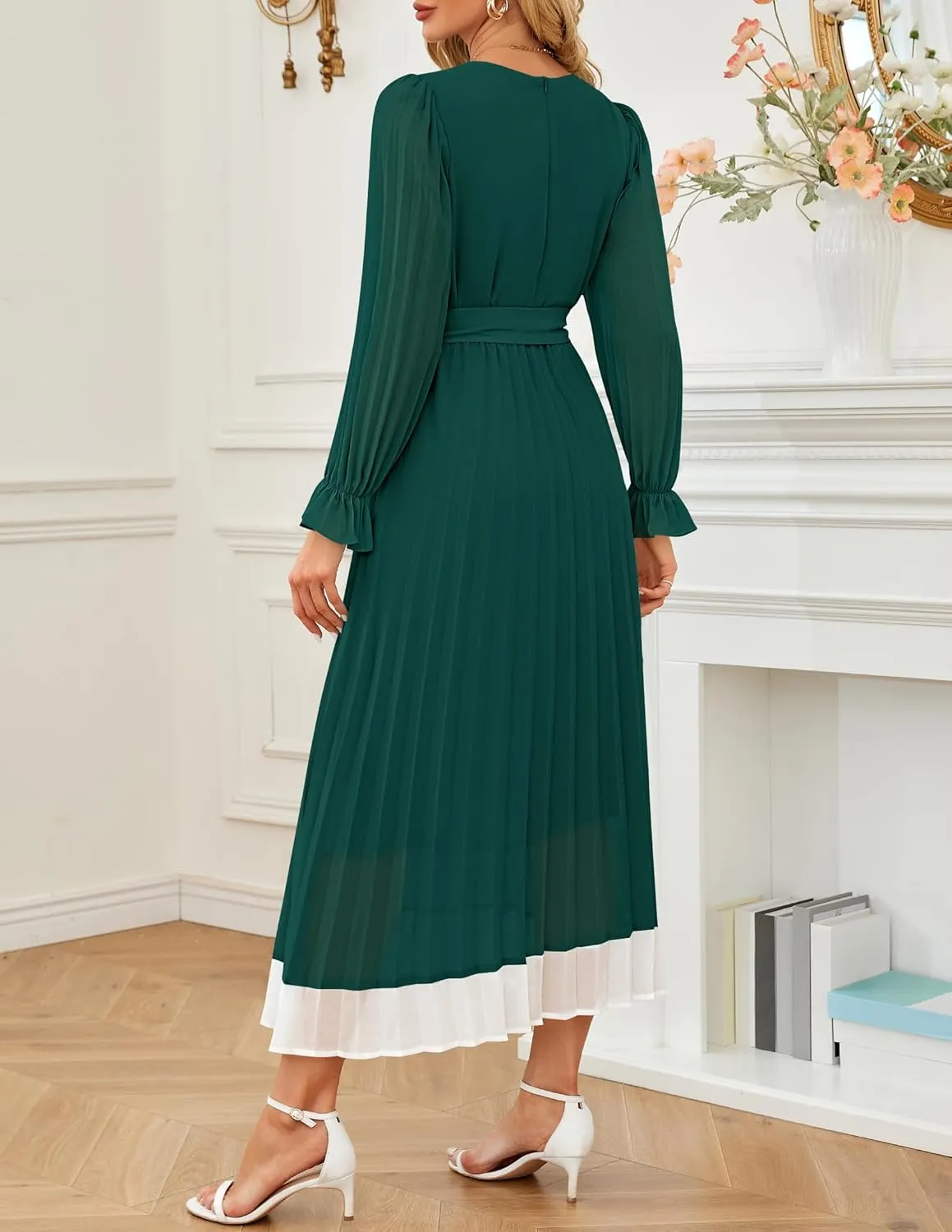 ZESICA Women's Spring Long Sleeve Chiffon Dress Casual Crew Neck Pleated A Line Flowy Midi Dresses with Belt