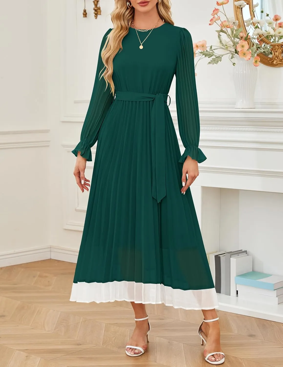 ZESICA Women's Spring Long Sleeve Chiffon Dress Casual Crew Neck Pleated A Line Flowy Midi Dresses with Belt