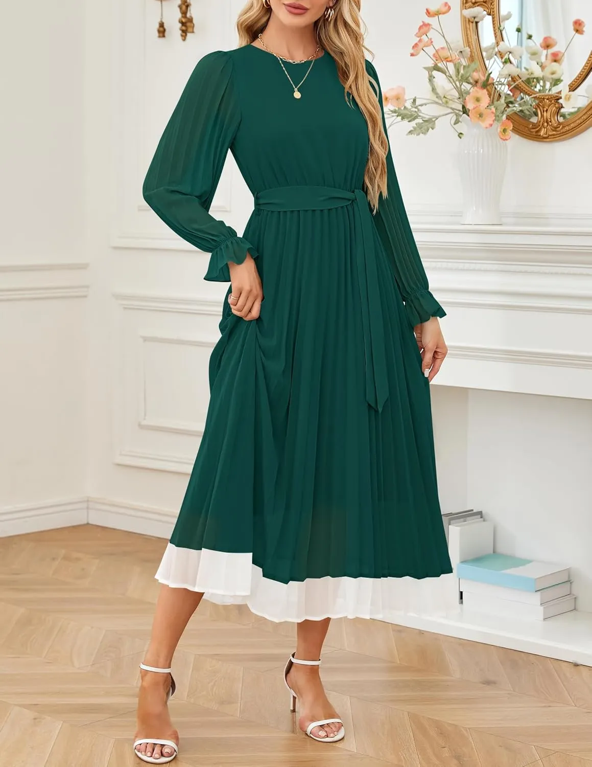 ZESICA Women's Spring Long Sleeve Chiffon Dress Casual Crew Neck Pleated A Line Flowy Midi Dresses with Belt