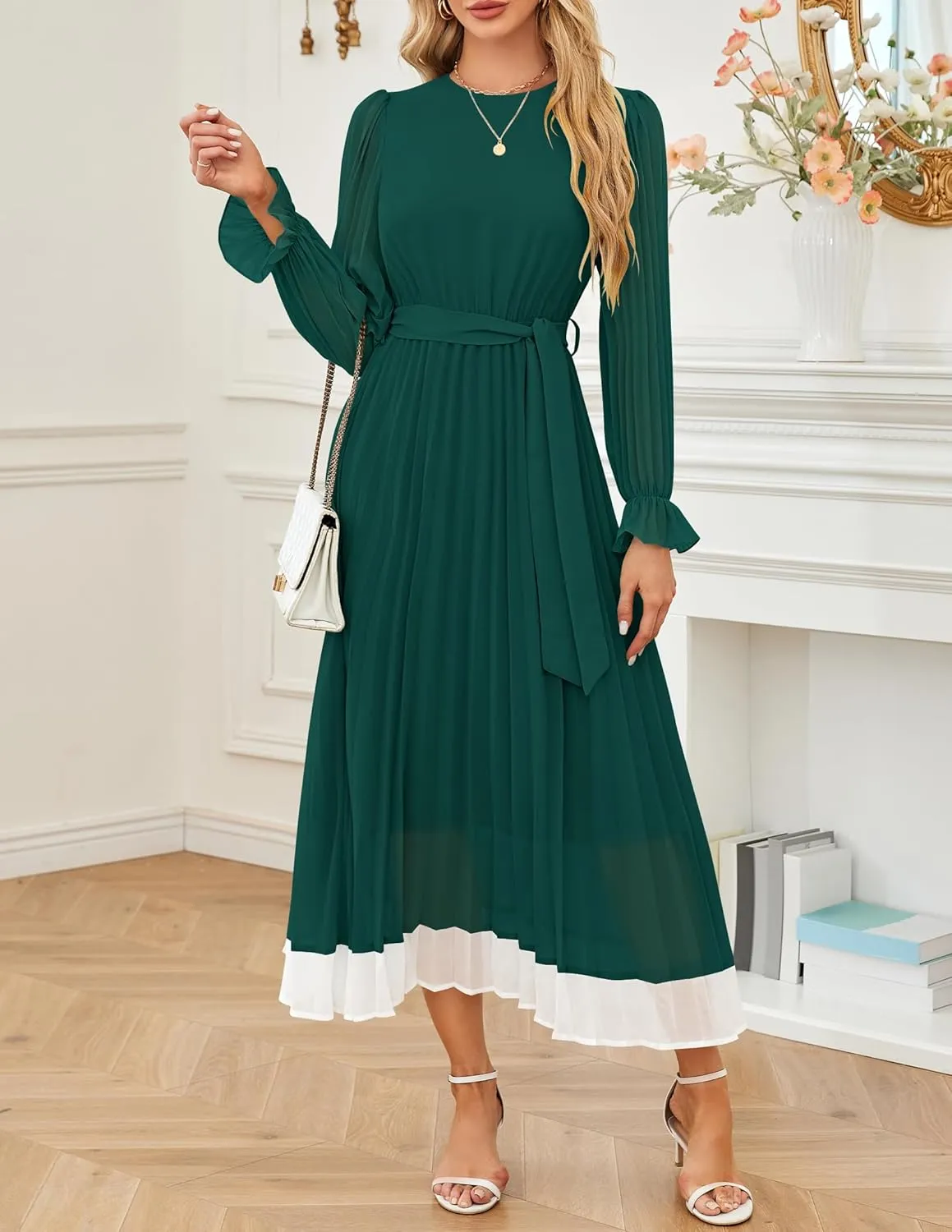 ZESICA Women's Spring Long Sleeve Chiffon Dress Casual Crew Neck Pleated A Line Flowy Midi Dresses with Belt