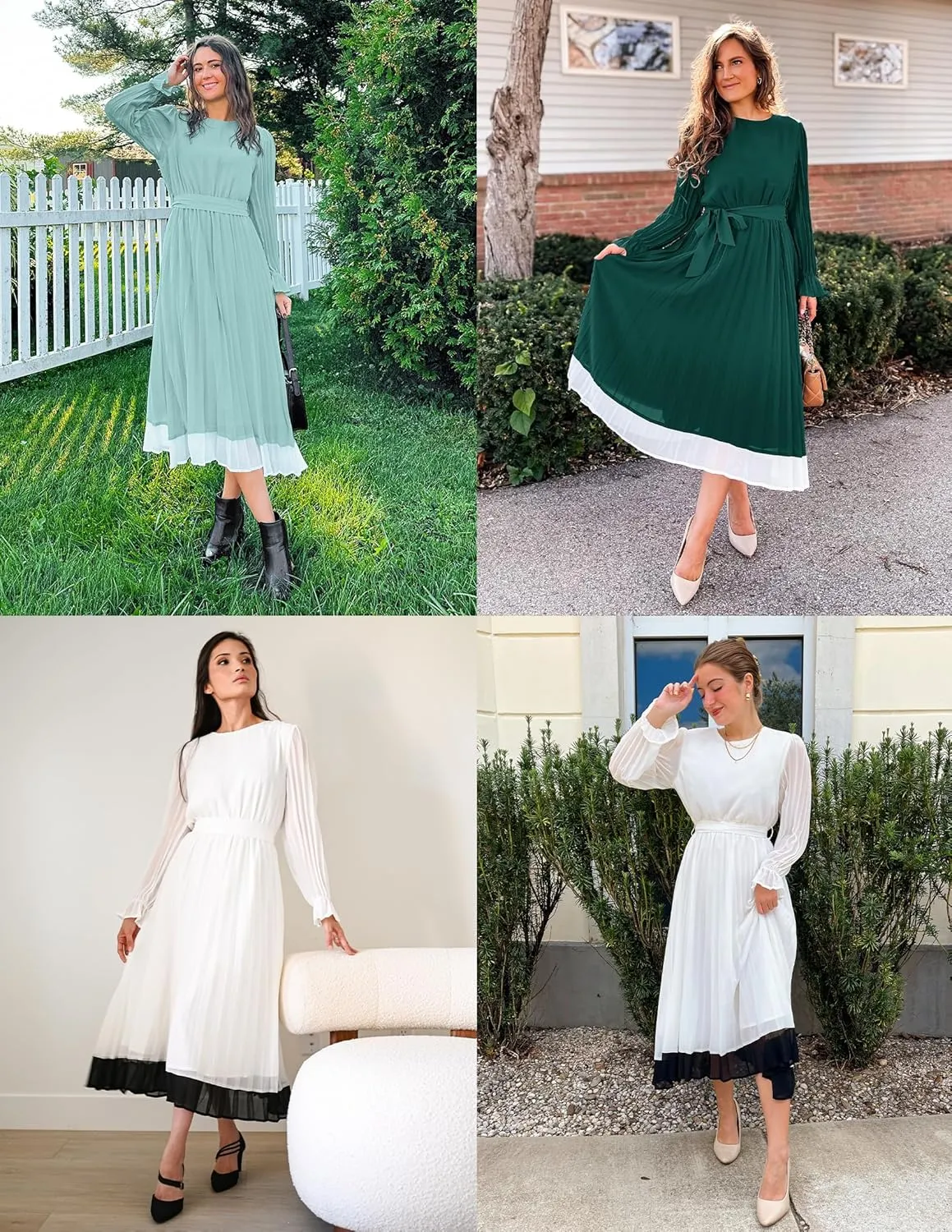ZESICA Women's Spring Long Sleeve Chiffon Dress Casual Crew Neck Pleated A Line Flowy Midi Dresses with Belt