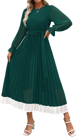 ZESICA Women's Spring Long Sleeve Chiffon Dress Casual Crew Neck Pleated A Line Flowy Midi Dresses with Belt