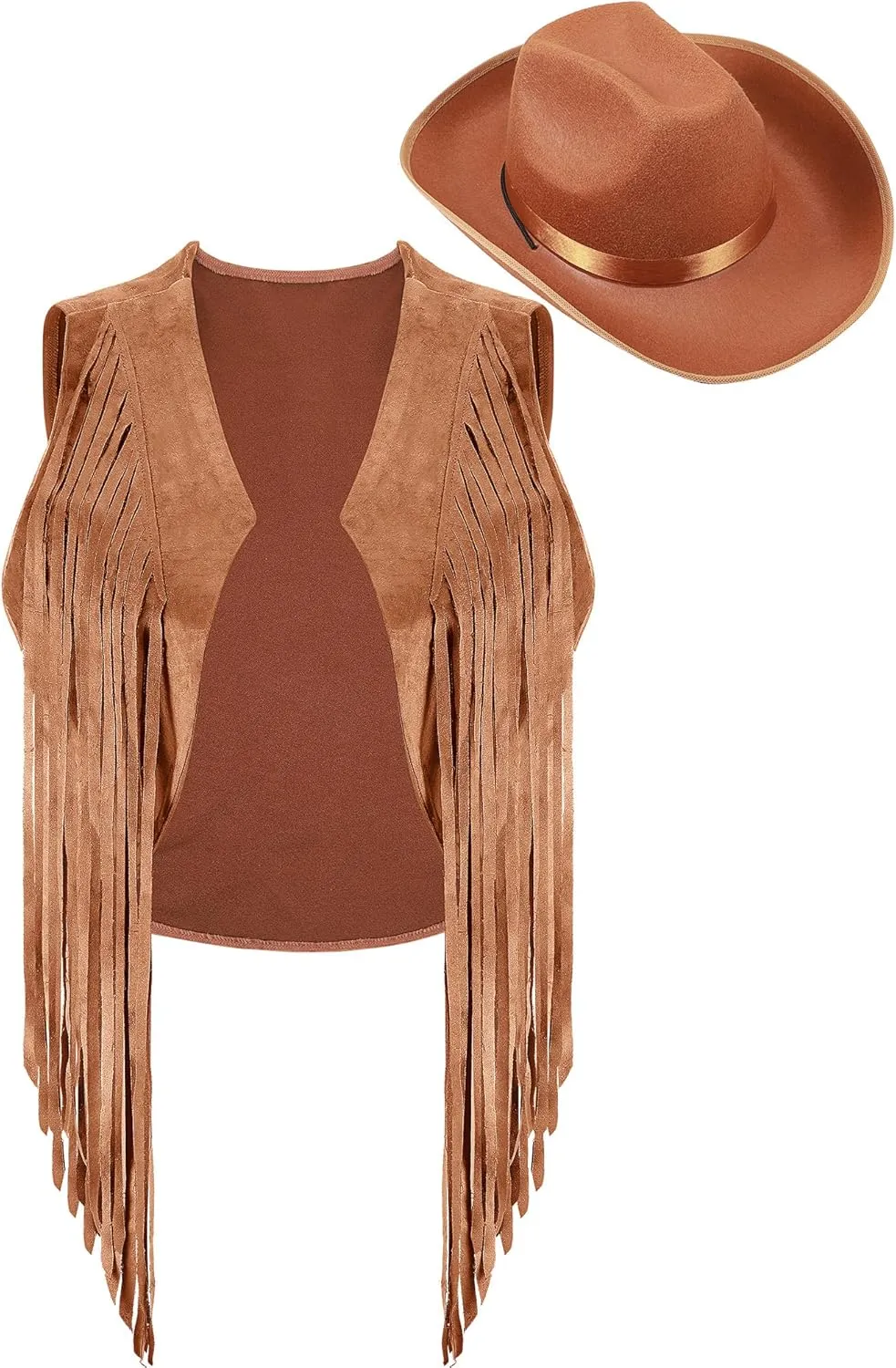 Zhanmai Fringe Vests Cowgirl Outfits for Women Faux Suede Tassels 70s Hippie Clothes Vest Jacket Western Cowboy Hat