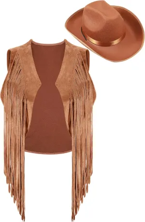 Zhanmai Fringe Vests Cowgirl Outfits for Women Faux Suede Tassels 70s Hippie Clothes Vest Jacket Western Cowboy Hat