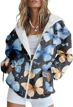 Zip Up Hoodie Women Butterfly Graphic Hoodies Long Sleeve Oversized Y2K Sweatshirts Cute jackets Plus Size for Girls