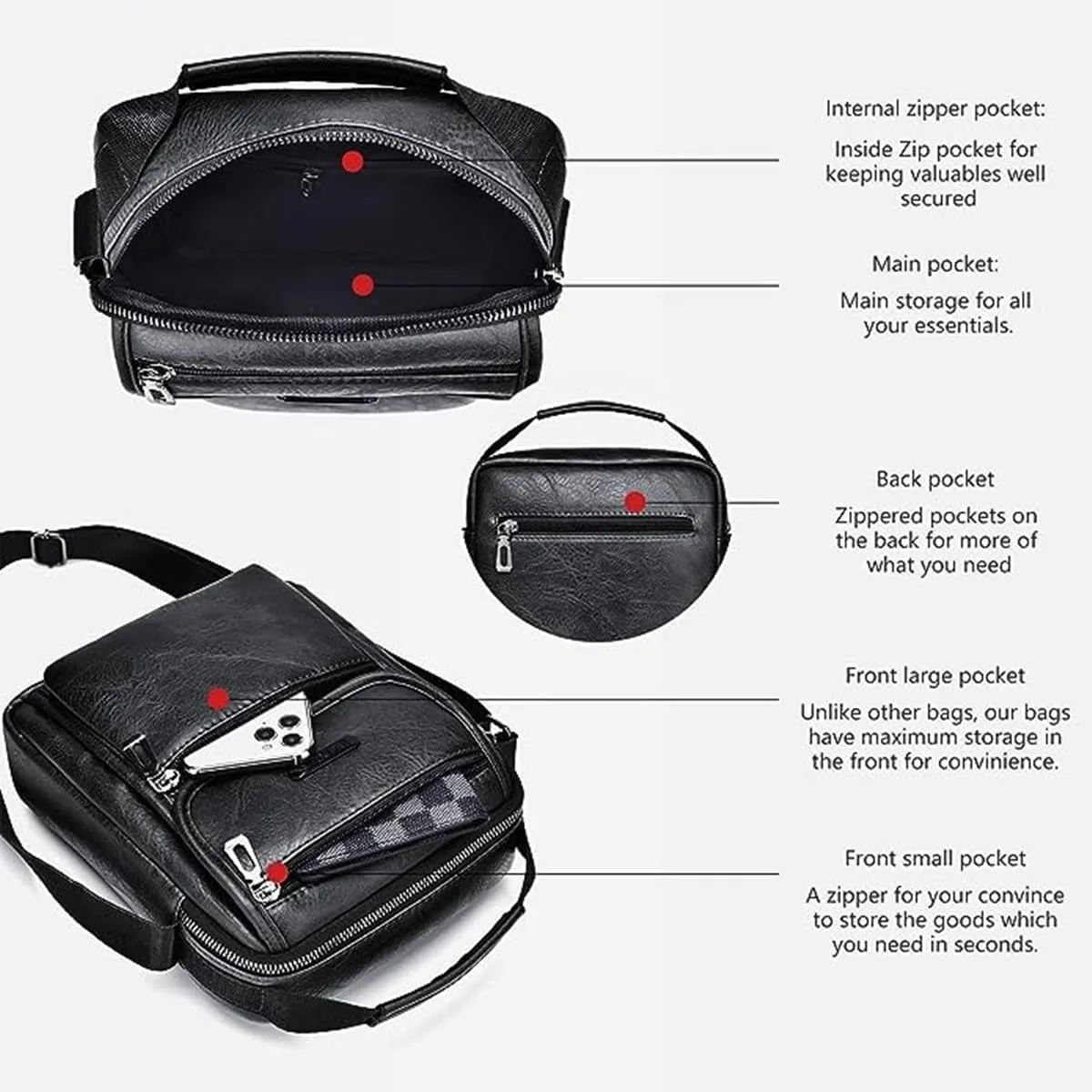 Zipper Buckle Leather Messenger Bag Crossbody Shoulder Bag Vintage Handle Bags