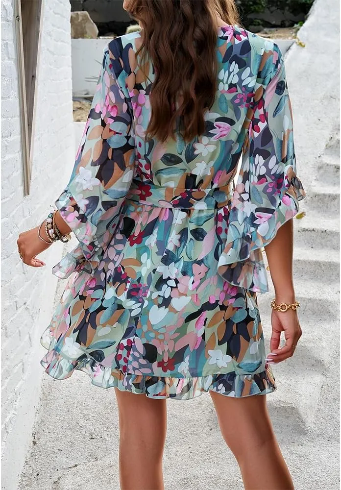 ZOCAVIA Women's Flowy Beach Dresses Floral V Neck Batwing Sleeve Boho Dress with Belt Elegant Ruffle Ruched Mini Dresses