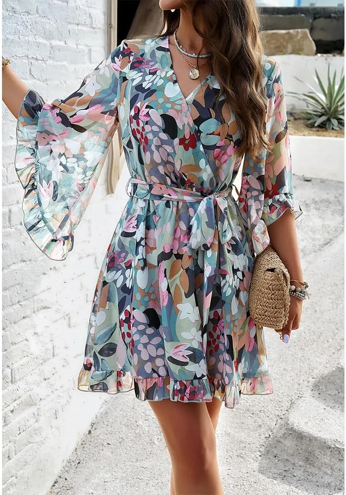 ZOCAVIA Women's Flowy Beach Dresses Floral V Neck Batwing Sleeve Boho Dress with Belt Elegant Ruffle Ruched Mini Dresses