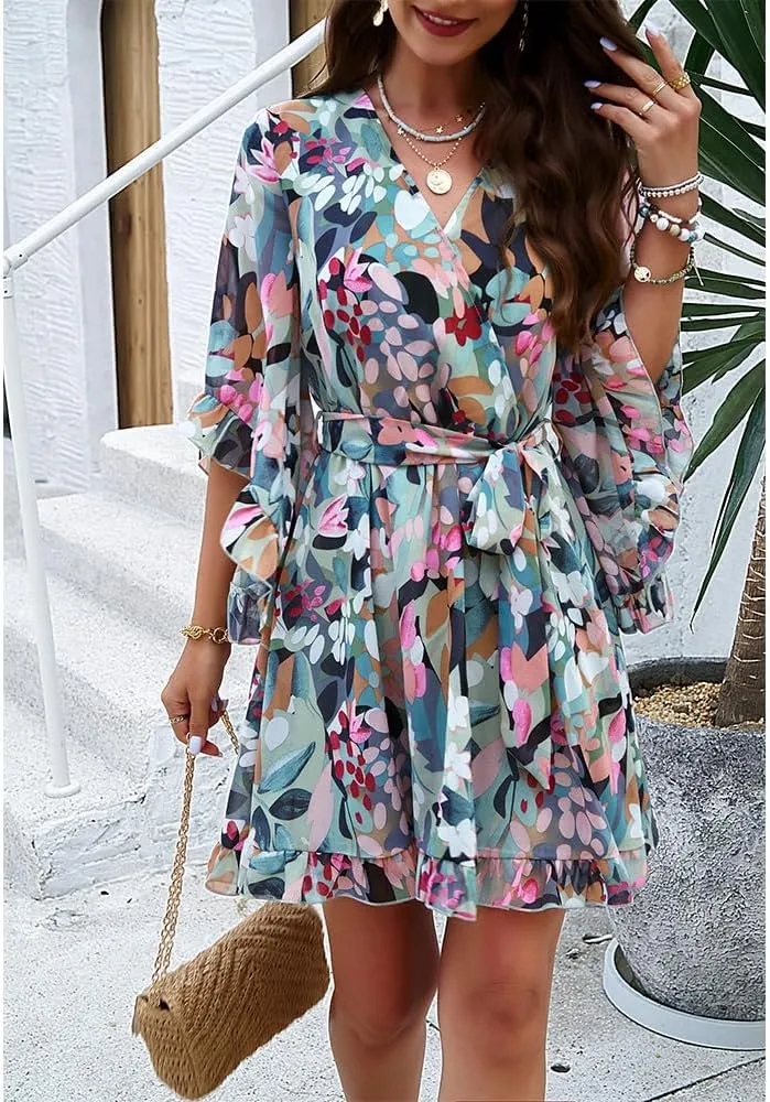 ZOCAVIA Women's Flowy Beach Dresses Floral V Neck Batwing Sleeve Boho Dress with Belt Elegant Ruffle Ruched Mini Dresses