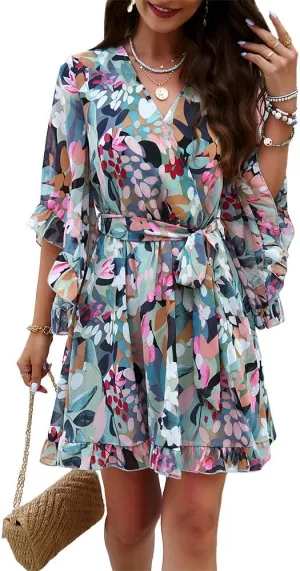 ZOCAVIA Women's Flowy Beach Dresses Floral V Neck Batwing Sleeve Boho Dress with Belt Elegant Ruffle Ruched Mini Dresses