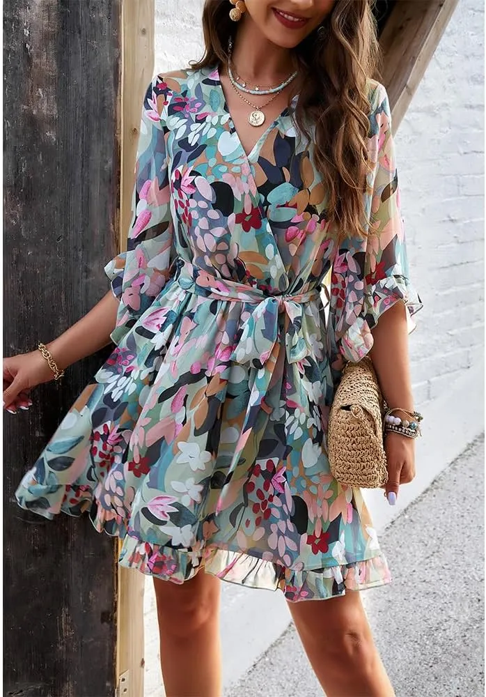 ZOCAVIA Women's Flowy Beach Dresses Floral V Neck Batwing Sleeve Boho Dress with Belt Elegant Ruffle Ruched Mini Dresses